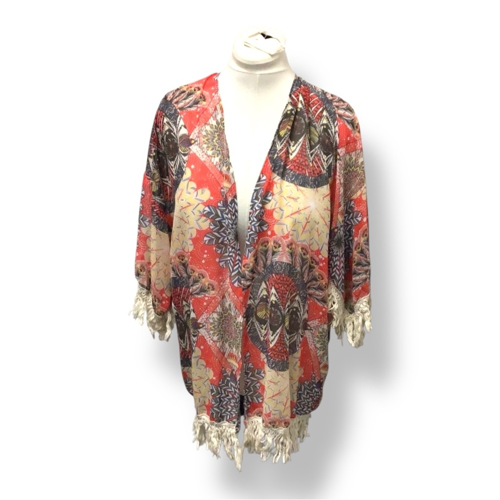 Daniel Rainn Women’s Open Front Fringe Boho Kimono Top Boho Aztec Western XS/S